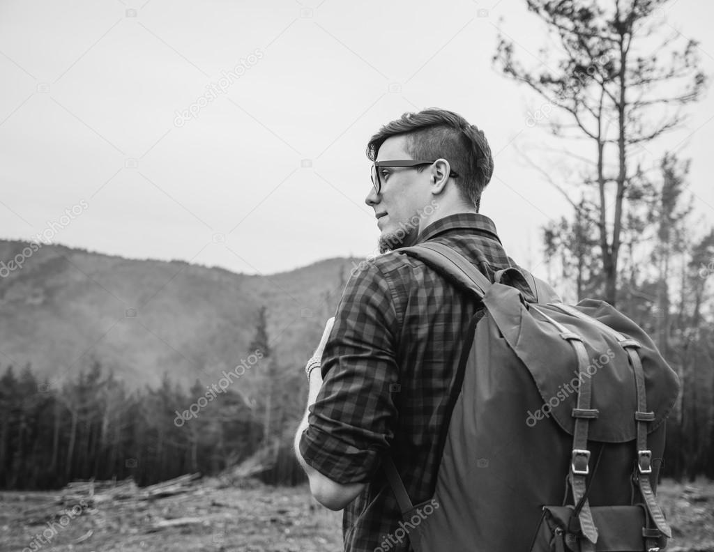 Handsome traveler man walking outdoor