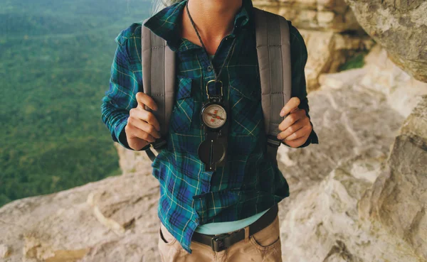 Hiker with compass — Stock Photo, Image