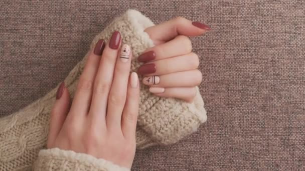 Unrecognizable Woman Knitted Sweater Showing Stylish Trendy Manicure View Hands — Stock Video