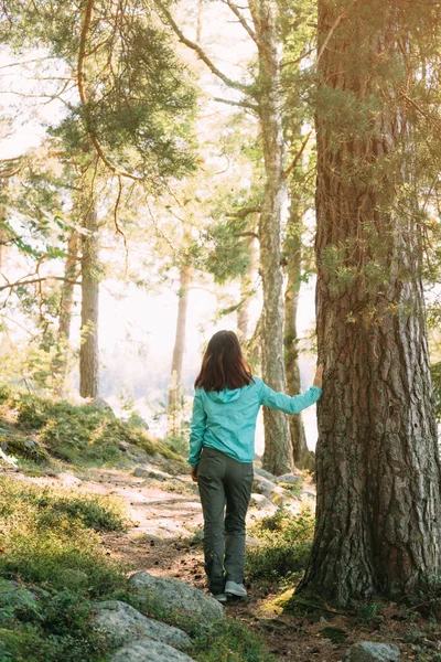 Nierozpoznawalna Kobieta Podróżnik Cieszyć Się Czystością Cichym Lasem — Zdjęcie stockowe