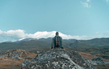 Gezgin, sırtı kameraya dönük bir şekilde bir dağ zirvesinin arka planında oturur..