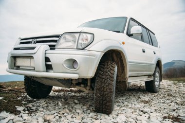 Gelendzhik, Rusya, 29 Mart 2016: Toyota Land Cruiser Prado SUV tekerleği off-road steppe patikasında.
