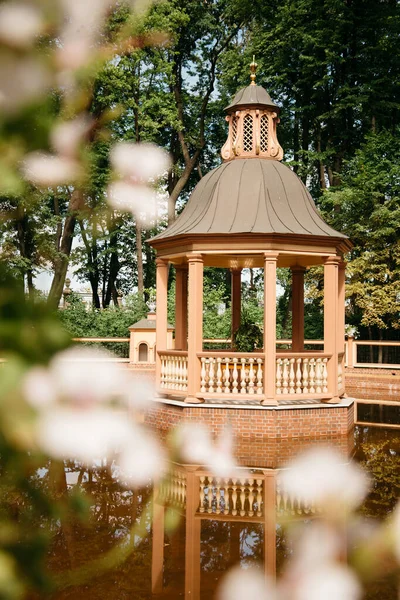 Menagerie Pond y Gazebo, Bosquet en The Summer Garden. En primer plano, a la derecha, hojas borrosas de flores. —  Fotos de Stock