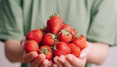Elinde taze çilek tutan bir kadının yakın çekimi..