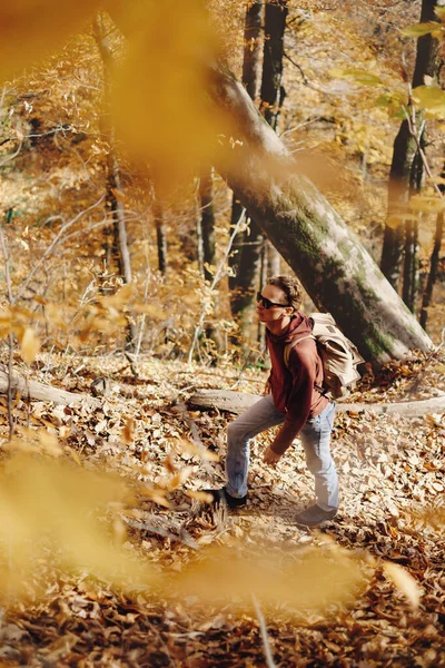 Jeune touriste masculin avec un sac à dos marche à l'automne. — Photo