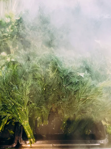 Grüner Dill im Geschäft auf einer Vitrine mit einem Nebel zum Abkühlen — Stockfoto