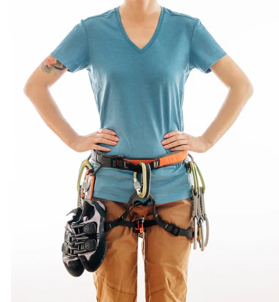 Woman wearing belay system for climbing. — Stock Photo, Image