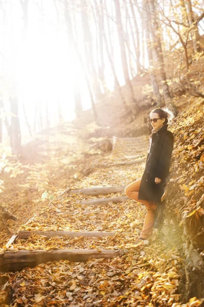 Улыбающаяся девушка в черном пальто стоит в осеннем лесу. — стоковое фото