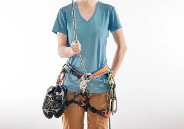 Female rock climber insures her partner. — Stock Photo, Image