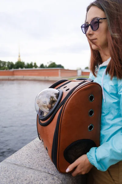 Женщина наслаждается видом на город со своим котом в рюкзаке. — стоковое фото