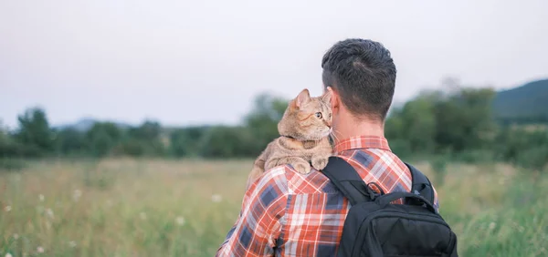 Cat sitting on shoulder of man in summer park. — Stok fotoğraf