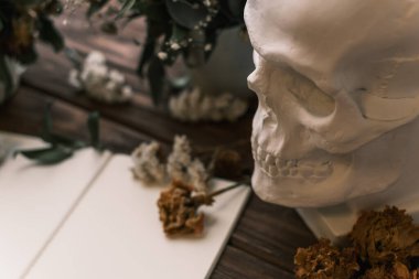 Kurumuş çiçekli ve kafataslı defter veya günlük.