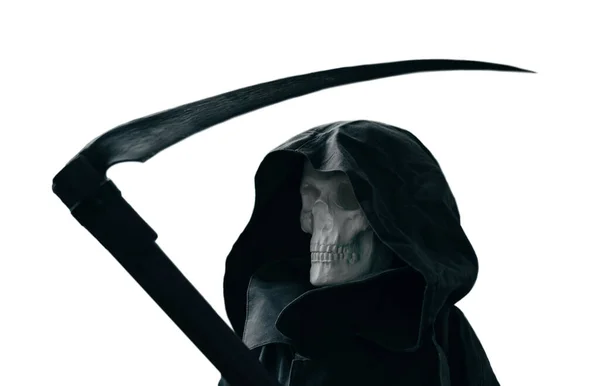 The mythical portrait of the image of death. Skull in a black hood and a scythe. — Stock Photo, Image