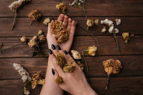 Mãos de mulher com belas flores secas. — Fotografia de Stock