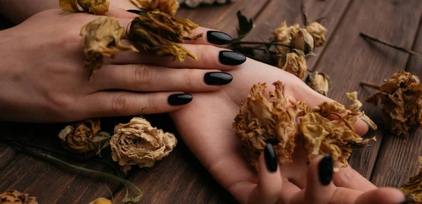 Weibliche Hände mit schönen trockenen Blumen, Nahaufnahme. — Stockfoto