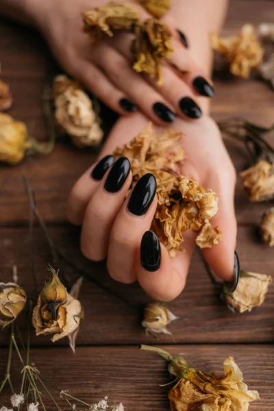 Vrouw handen met mooie droge bloemen, close-up. — Stockfoto