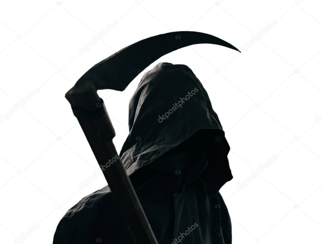 Grim Reaper in a black cloak with a scythe, on a white background.
