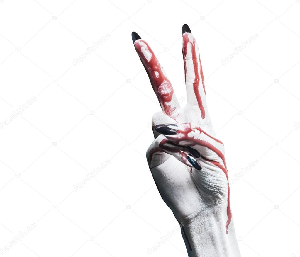 Blood hand with gesture peace sign