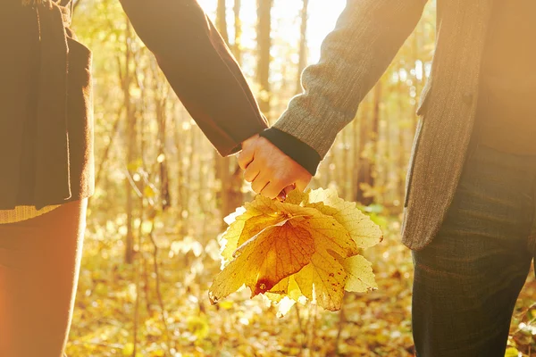 Paar in liefde met najaar bladeren — Stockfoto