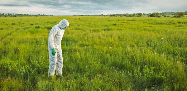 Cientista em uniforme analisando grama — Fotografia de Stock