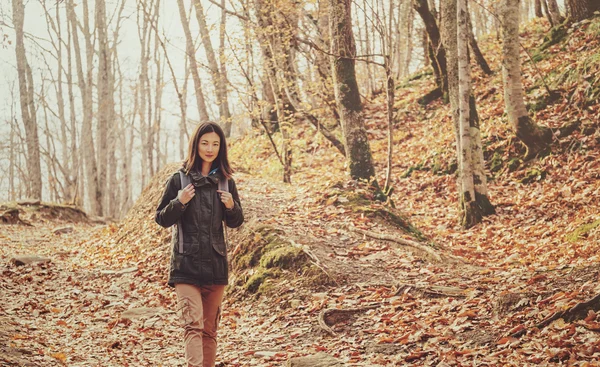 Женщина-туристка, гуляющая в осеннем лесу — стоковое фото