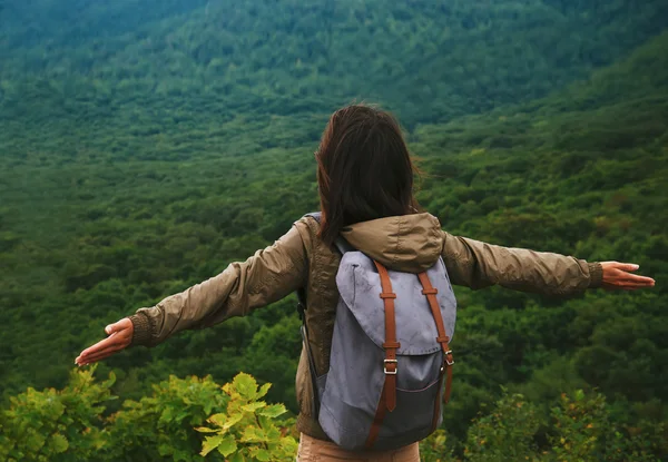 Mulher de pé com braços erguidos na montanha — Fotografia de Stock