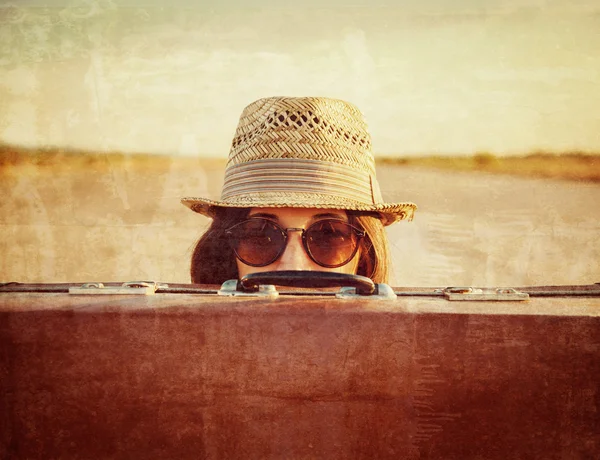 Hipster woman with suitcase — Stock Photo, Image