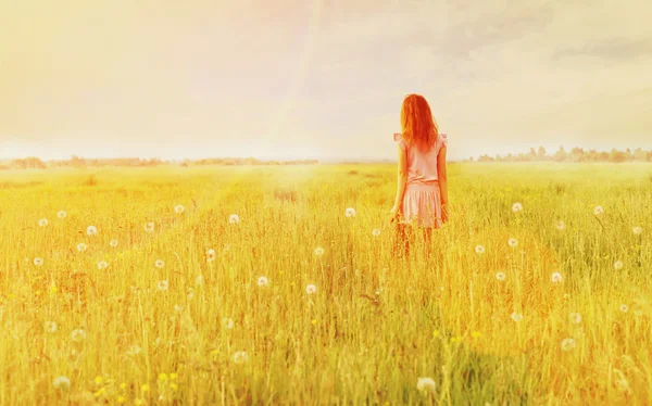 Little girl in dress on summer meadow — Stock Photo, Image