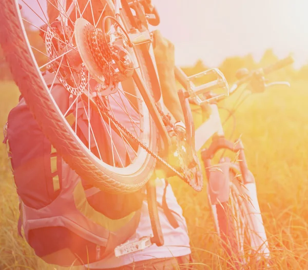 Чоловік з велосипедом на зеленому лузі — стокове фото