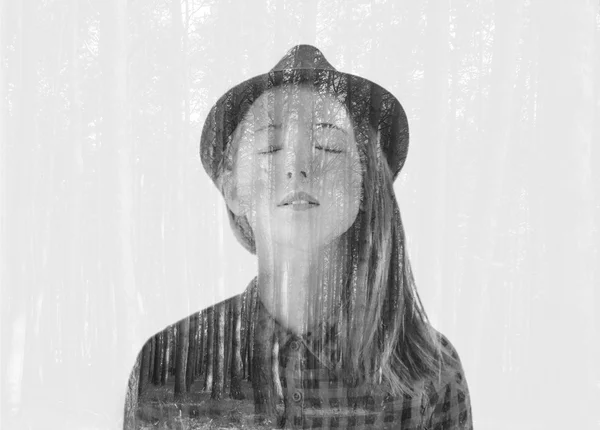 Girl with trees double exposure portrait — Stock Photo, Image