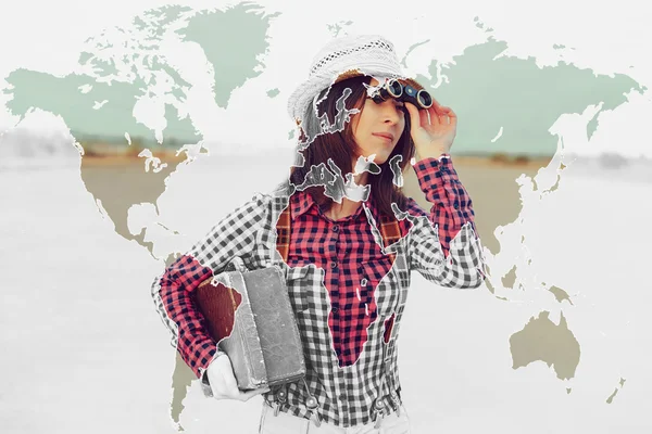 Double exposure map combined with tourist — Stock Photo, Image