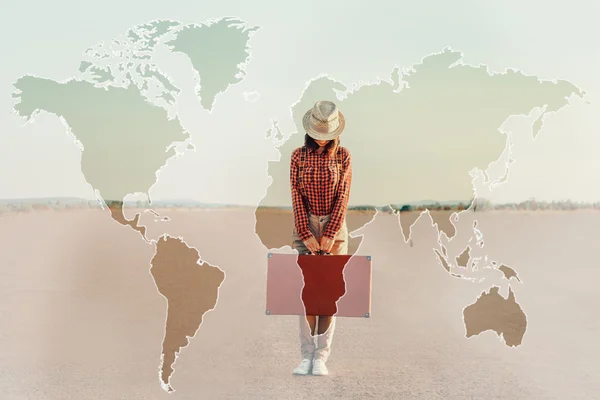 Double exposure map with traveler girl — Stock Photo, Image