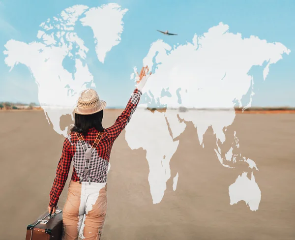 Double exposure map of world with woman traveler — Stock Photo, Image