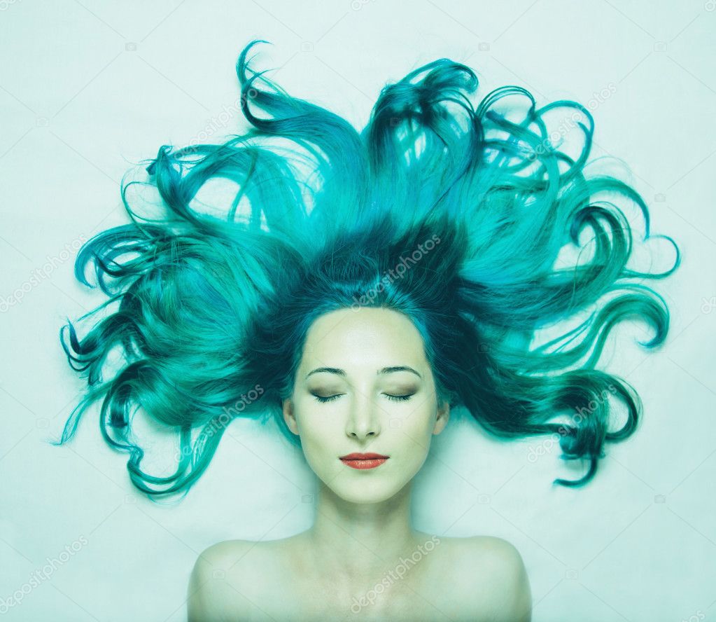 woman with long hair of turquoise color