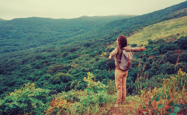 Viajera mujer de pie en las montañas — Foto de Stock