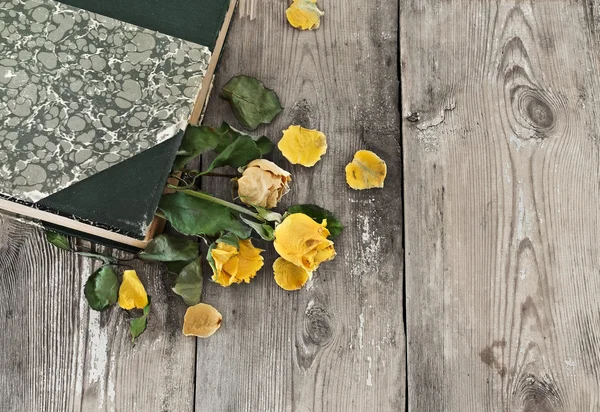 Old book and bouquet of dried roses, — Stock Photo, Image