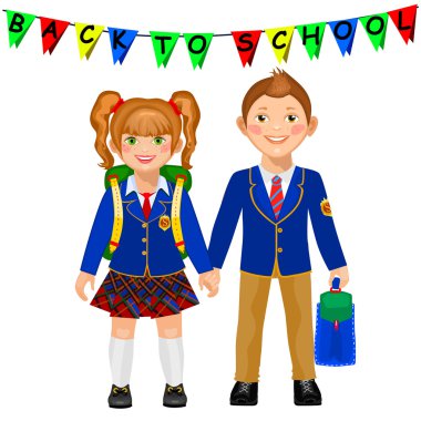 Boy and girl in a school uniform holding hand.  clipart