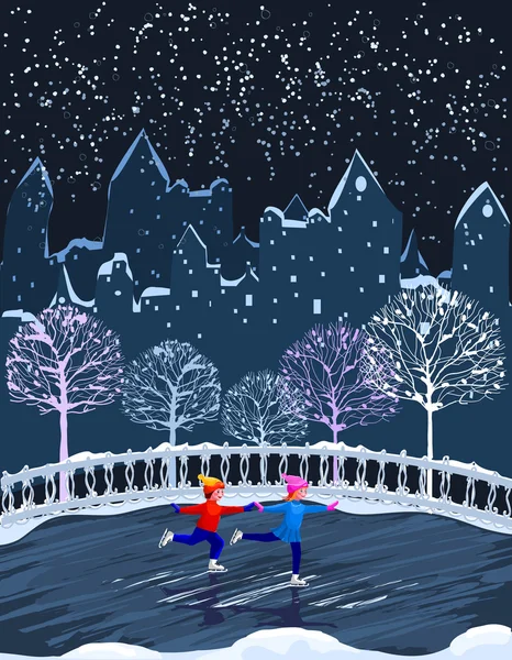 Les enfants patinent. Paysage hivernal urbain. Garçon et fille patinage o — Image vectorielle