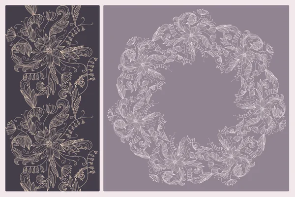 Карточка с бесшовной окантовкой из цветочного кружева и круглой оправой — стоковый вектор
