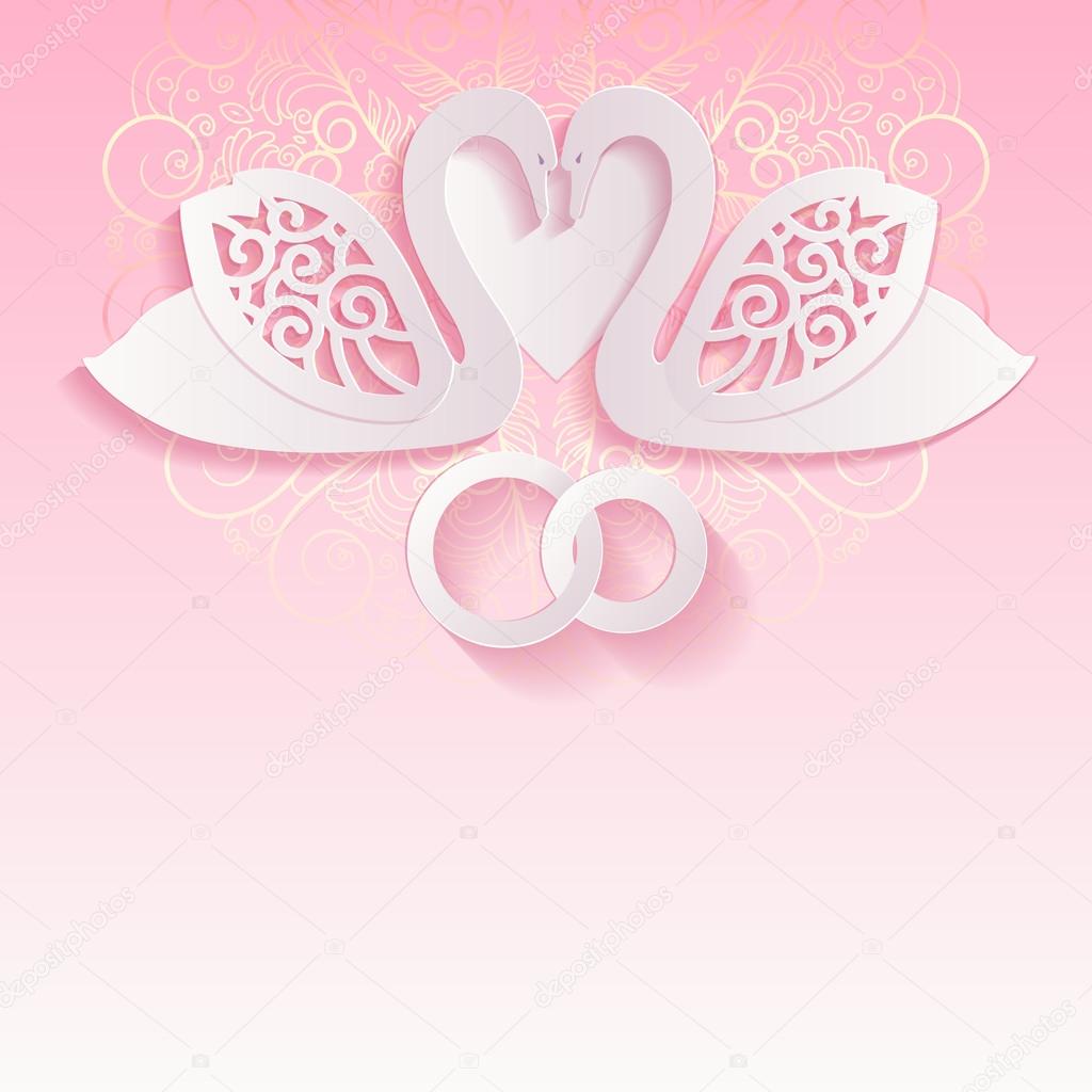 wedding card with swans and intertwined wedding rings.