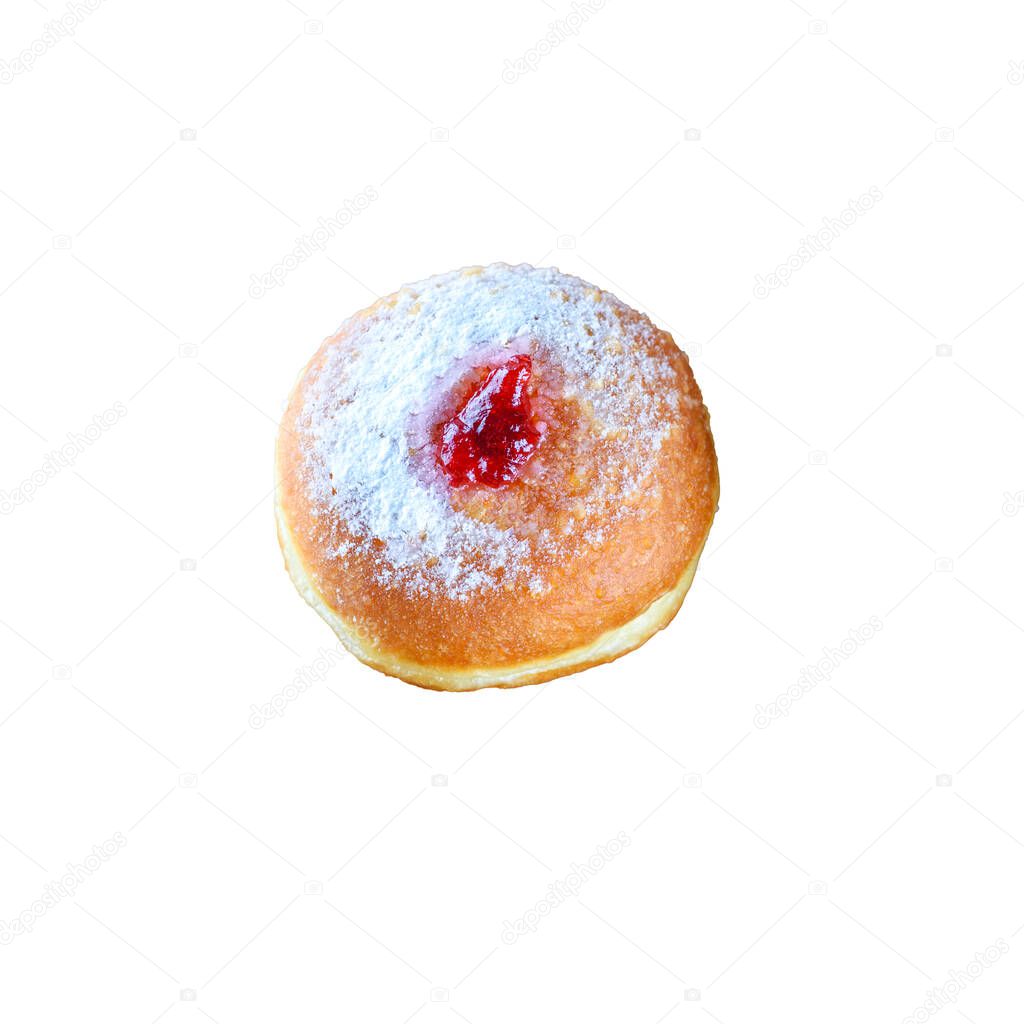 Close up view of tasty Doughnut with jam on white isolated background. Hanukkah celebration concept.