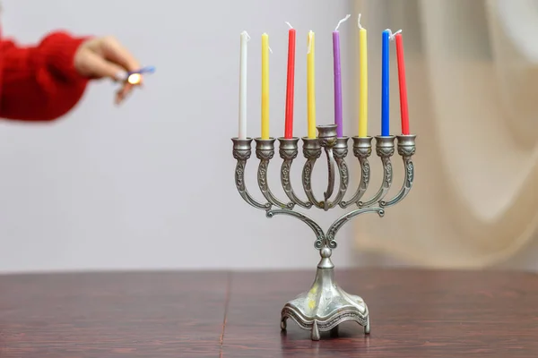 Jewish Woman Lighting Hanukkah Candles Menorah — Stock Photo, Image