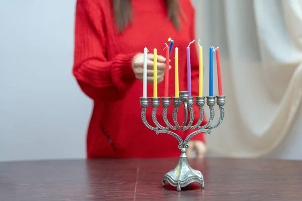 Jewish Woman Lighting Hanukkah Candles Menorah People Celebrate Chanukah Lighting — Stock Photo, Image