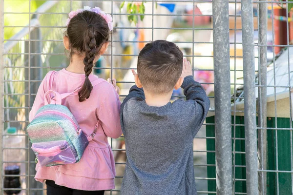 유치원 밖에 있는 어린 학생 두 명. — 스톡 사진