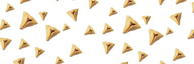 Purim bayramı konsepti. Beyaz izole arkaplan üzerine Hamantash.