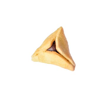 Purim bayramı konsepti. Beyaz arka planda bir Hamantash izole edilmiş. Hamantaschen üçgen hamur işleri de Haman 'ın cepleri veya Oznei Haman-Haman' ın kulakları olarak adlandırılır..