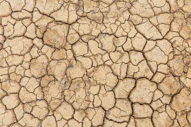 Kahverengi kuru toprak ya da çöl çatlamış toprak dokusu arka plan, karada kurak toprak ısınması.