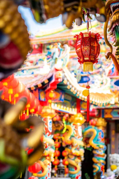 red lantern decoration for Chinese New Year Festival at Chinese shrine Ancient chinese art with the Chinese text Blessings written on it Is a Fortune blessing Is a public place Thailand