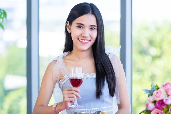 Valentine Day Concept Asian Young Girl Sitting Table Food Wine — Stock Photo, Image