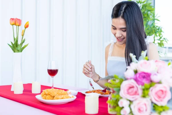 Valentine Day Concept Asian Young Girl Sitting Table Food Wine — Stock Photo, Image